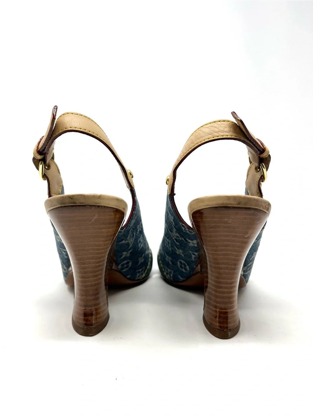 Vintage Vtg Louis Vuitton Blue Denim Logo Monogram Slingback Sandals Heels 37 7